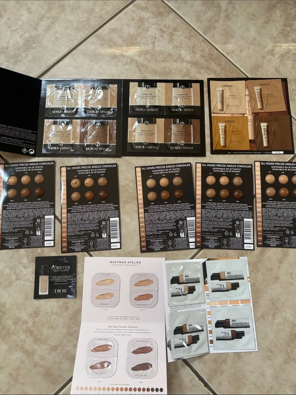 Yves Saint Laurent All Hours Concealer/ Armani foundation/ westman card samples